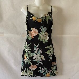 Forever 21 Black Floral Tropical Mini Slip Dress Sz S Cowl Neck Vacation Resort
